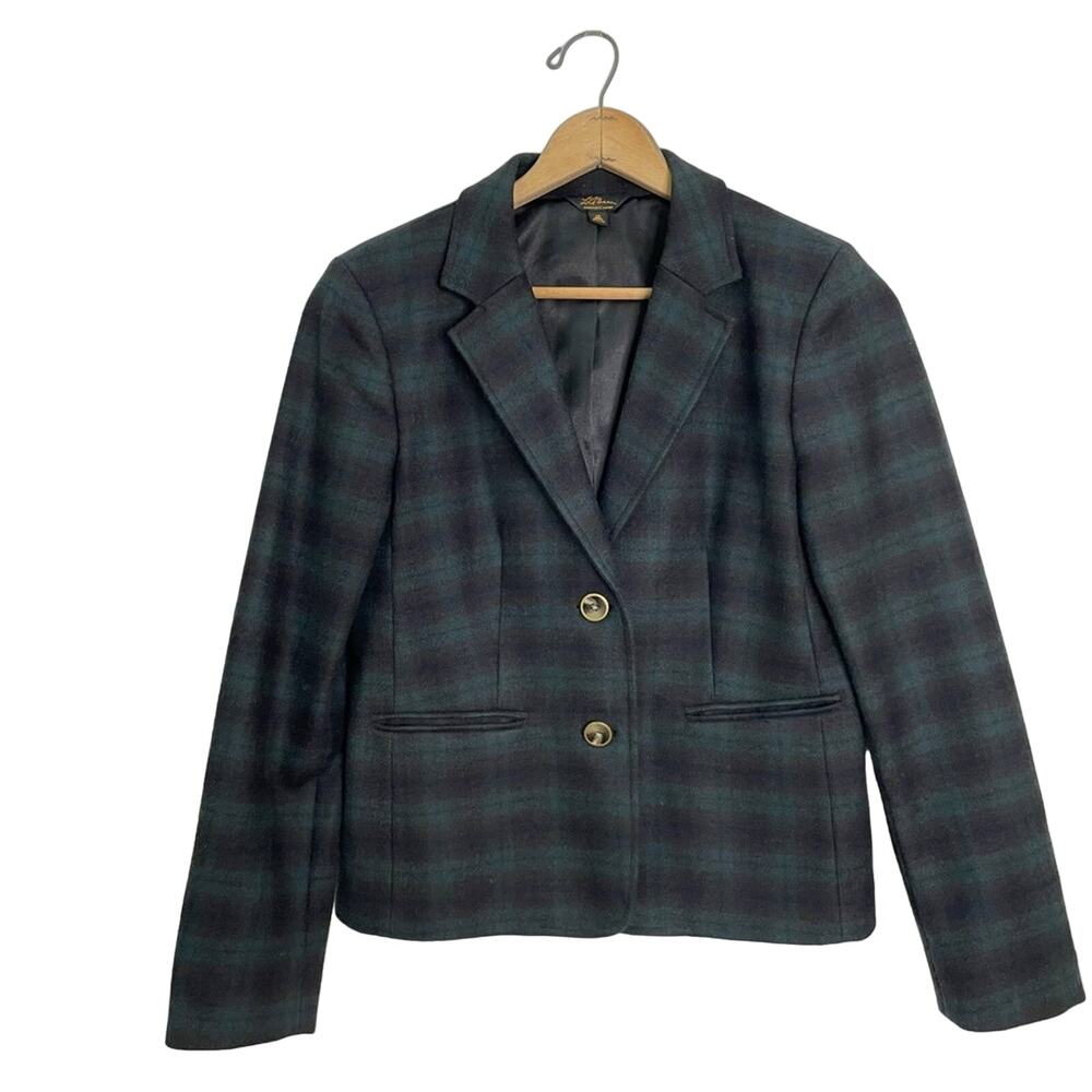 L.L. Bean Signature Size 10 Blue Black Scotch Plaid Wool Academia Blazer Jacket